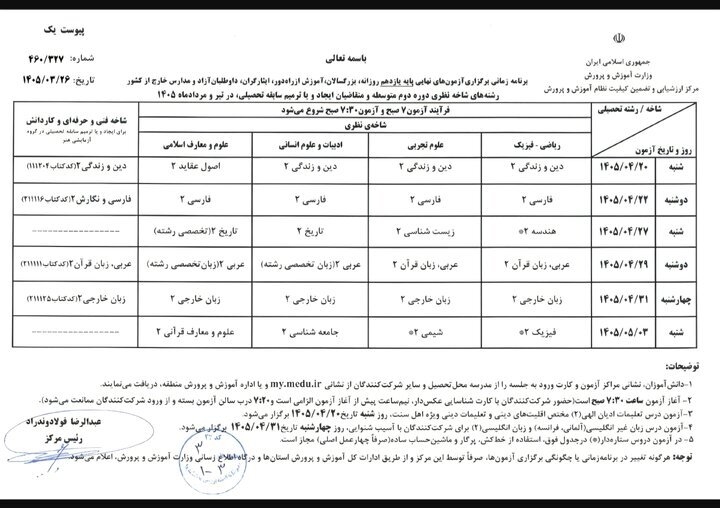 امتحانات نهایی بدون تغییر برگزار میشود/برنامه امتحانی اعلام شد امتحانات نهایی بدون تغییر برگزار میشود/برنامه امتحانی اعلام شد