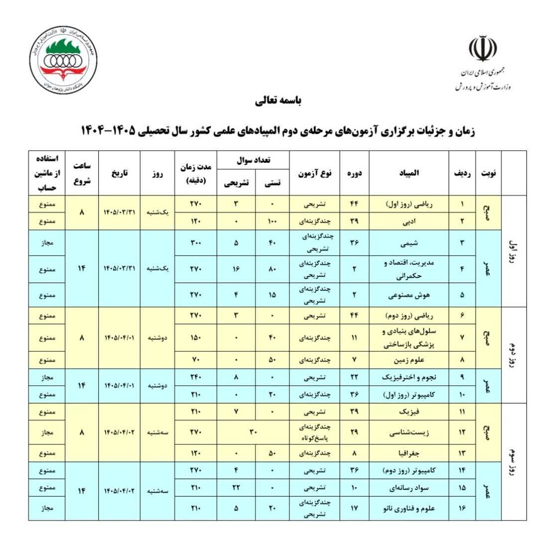 زمان و جزییات برگزاری آزمونهای المپیادهای علمی اعلام شد زمان و جزییات برگزاری آزمونهای المپیادهای علمی اعلام شد